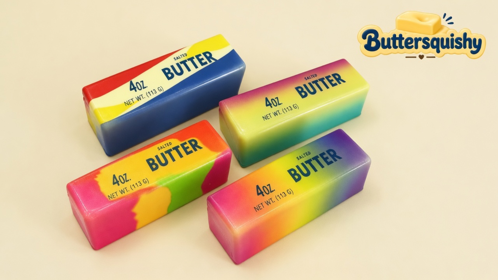 Four swirl-print butter-stick squishies — red-cream-blue block, yellow-teal fade, pink-lime blotch, and pink-orange-purple fade — on a light-yellow cream studio, Buttersquishy logo in the upper right