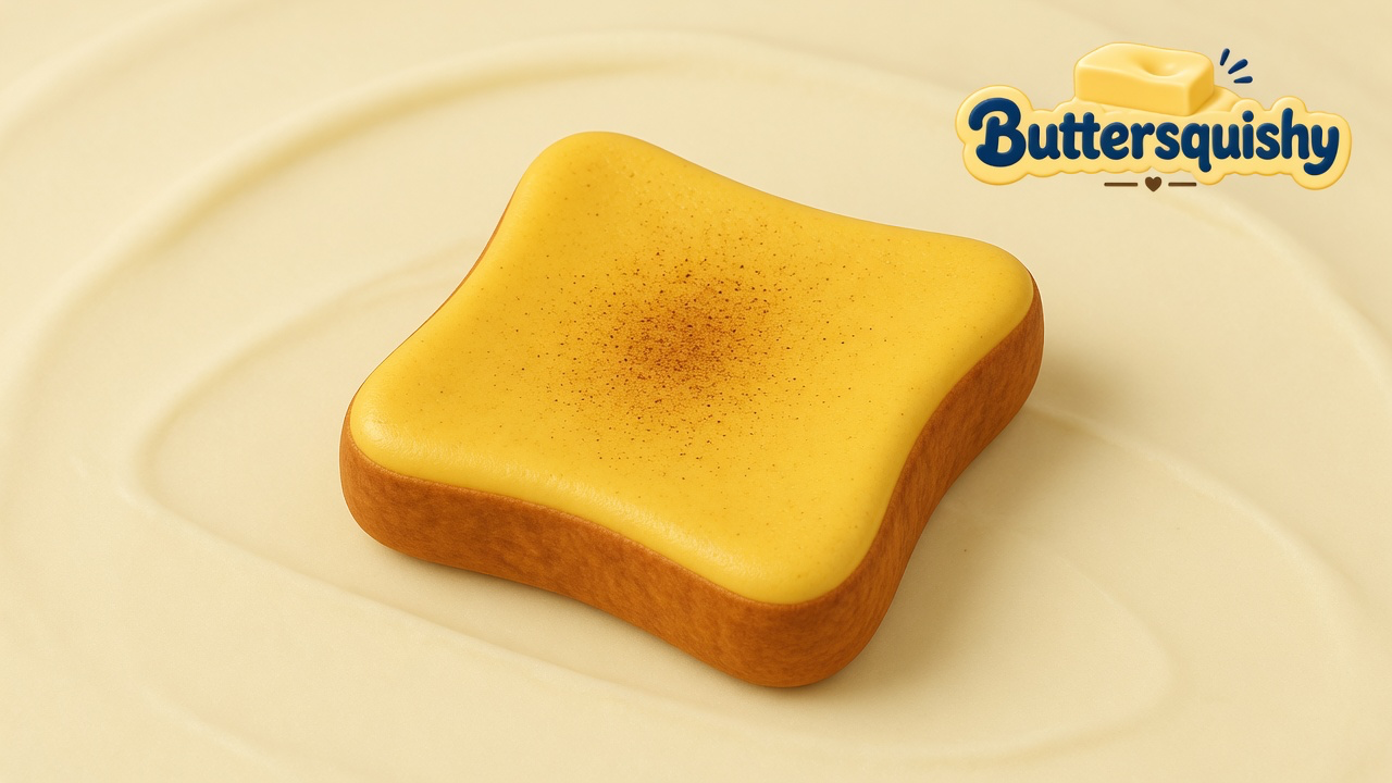 Square yellow Bread Toast Loaf with a toasted brown crust and a speckled center on a light-yellow cream studio surface, Buttersquishy logo in the upper right