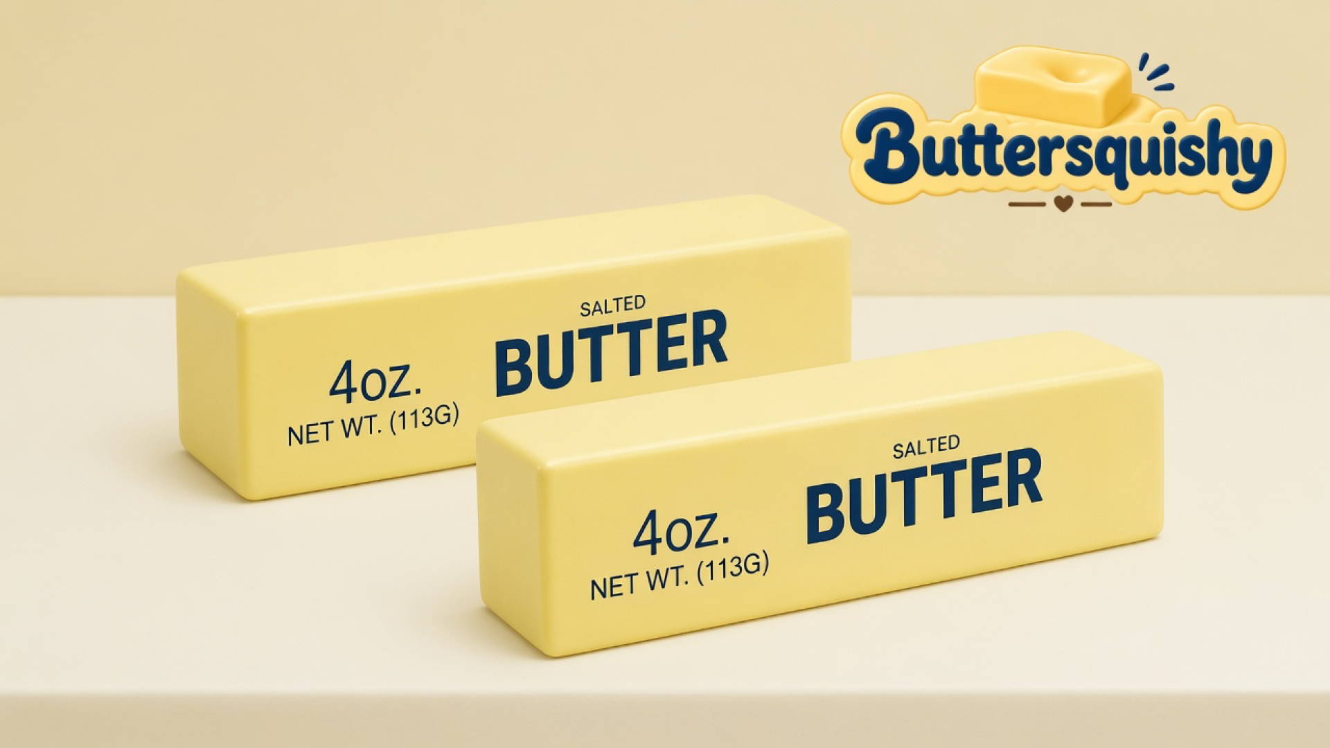 Two pale yellow Classic Butter Stick 4oz loaves with navy SALTED BUTTER and 4OZ print on a light-yellow cream studio surface, Buttersquishy logo in the upper right