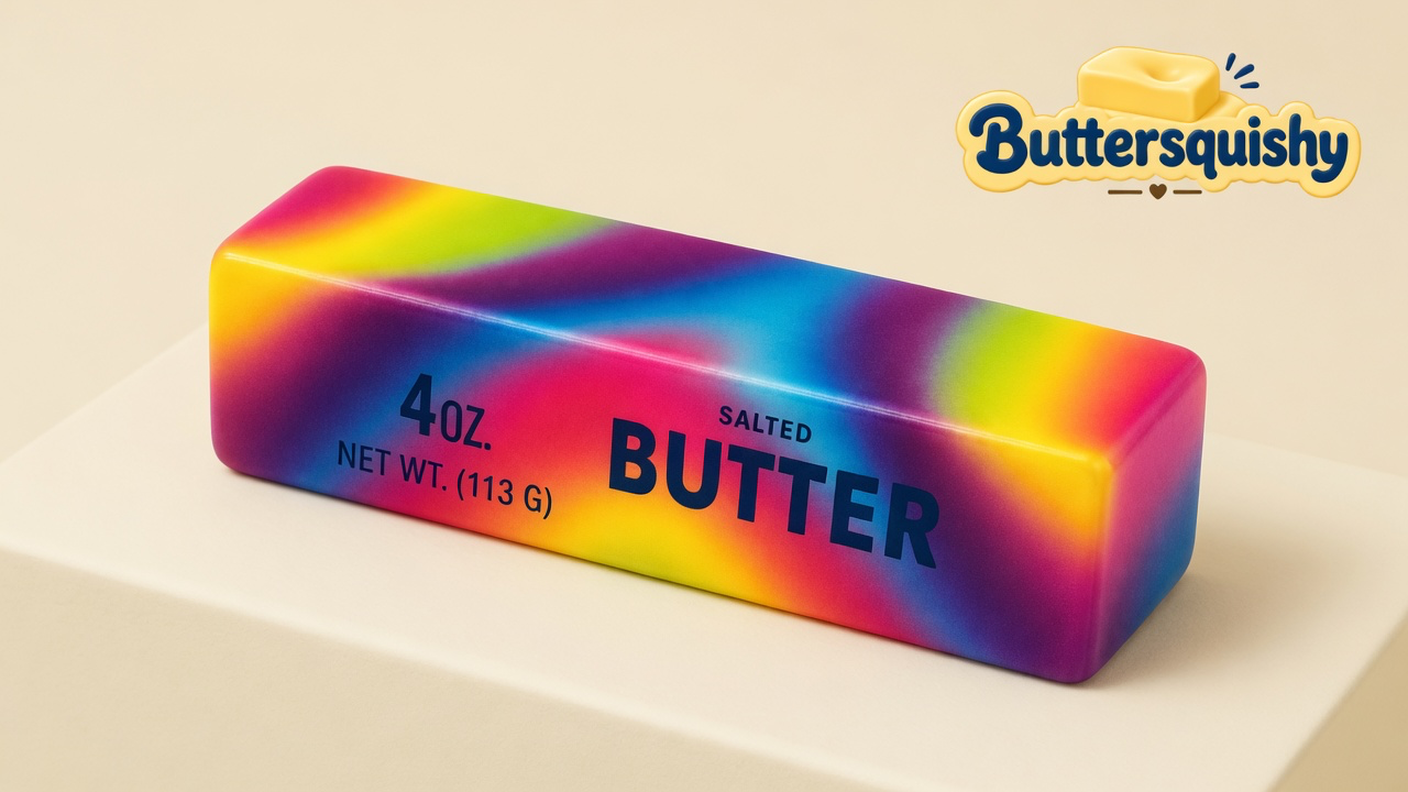 One Neon Swirl Butter stick with a blended rainbow skin and navy SALTED BUTTER print on a light-yellow cream studio surface, Buttersquishy logo in the upper right