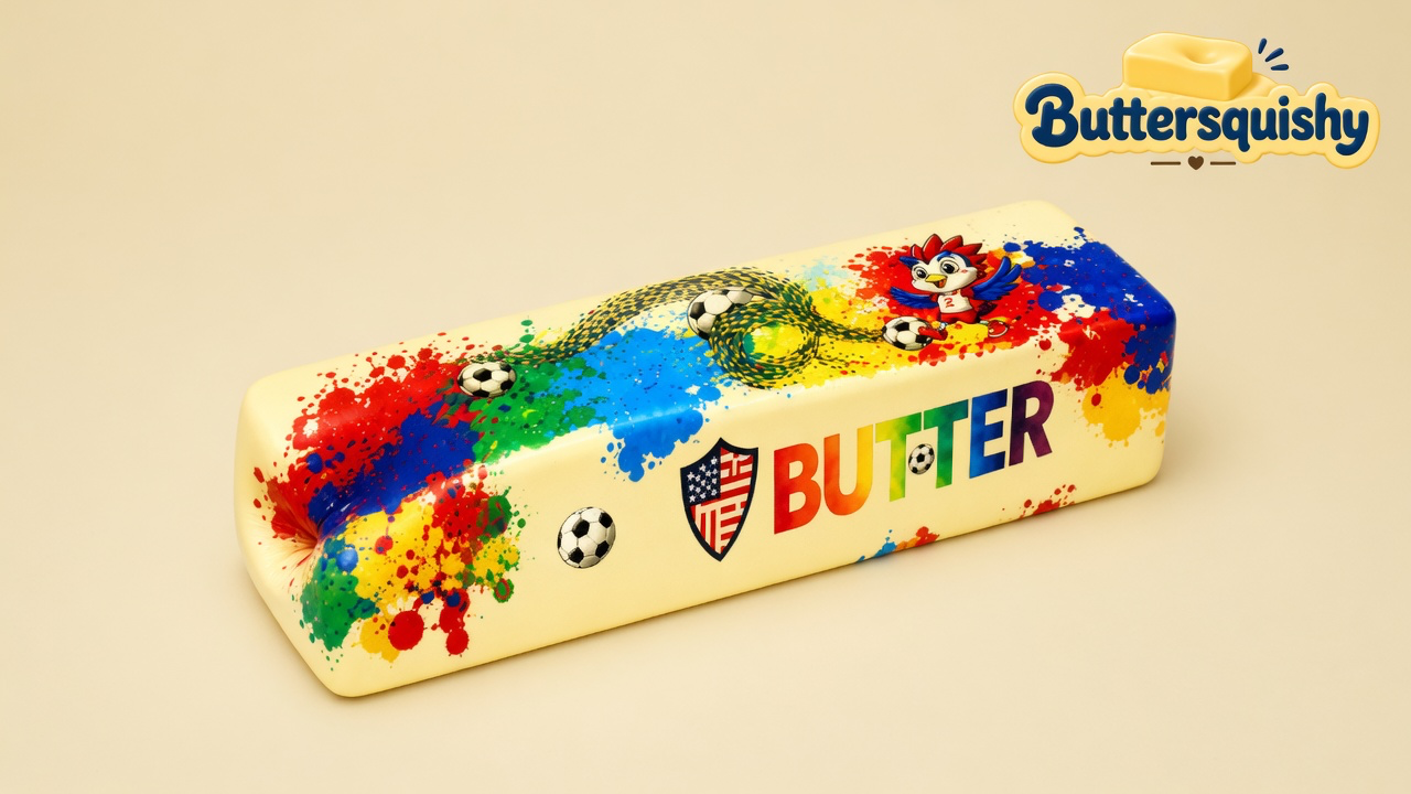 One cream Splash Marble Butter loaf with soccer-splash print, rope, rooster, flag shield, and rainbow BUTTER type on a light-yellow cream studio surface, Buttersquishy logo in the upper right