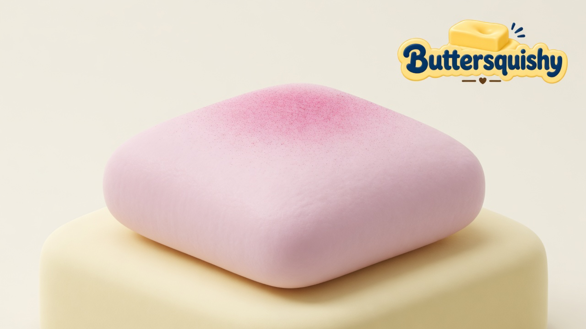 Pale pink Bread Toast Loaf with a rose-pink toasted center on a light-yellow cream studio surface, Buttersquishy logo in the upper right
