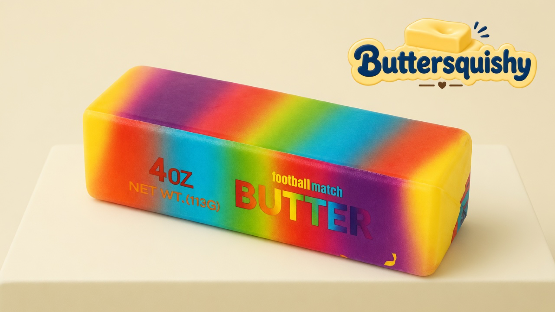 Rainbow candy-gradient butter stick with 4OZ and BUTTER print on a light-yellow cream studio platform, Buttersquishy logo in the upper right