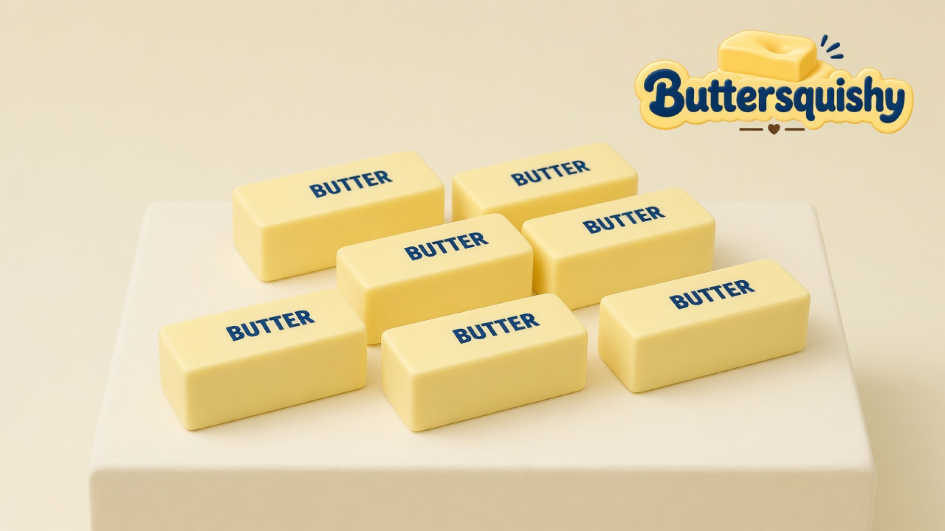 Six pale-yellow Classic Butter Stick loaves printed BUTTER on a light-yellow cream studio platform, Buttersquishy logo in the upper right
