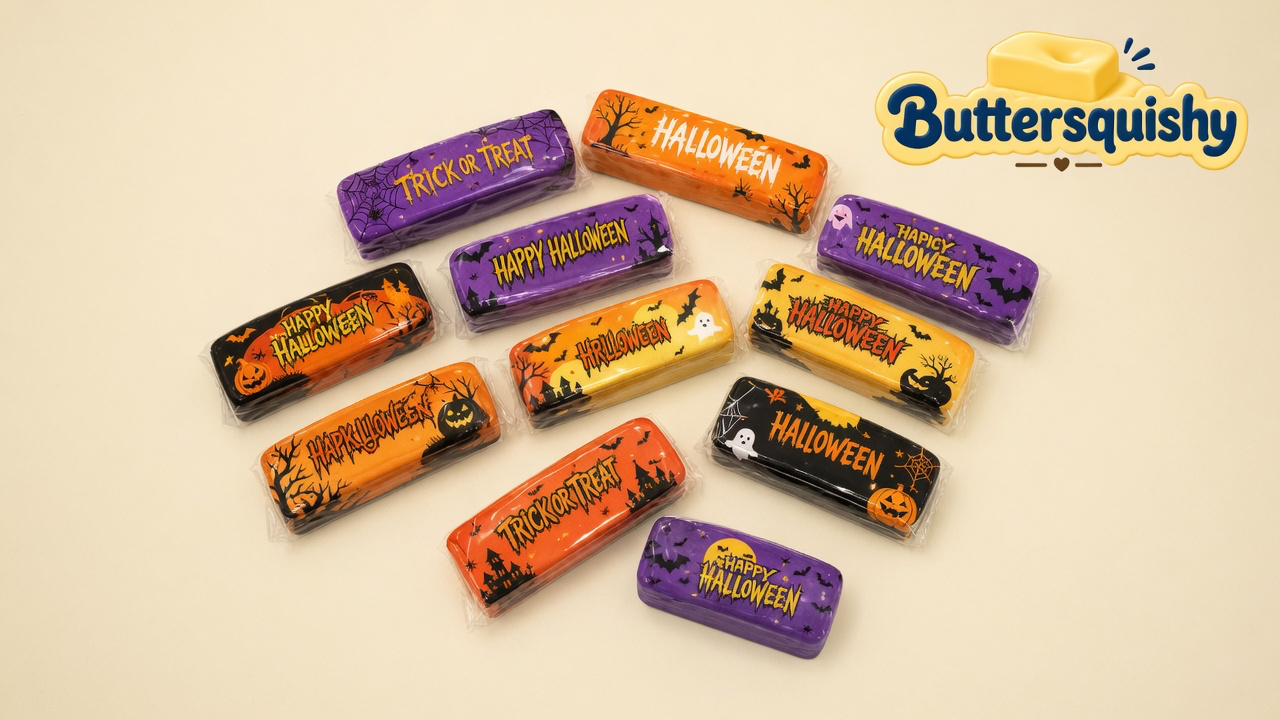 Twelve wrapped Halloween Ghost Butter sticks on a cream studio surface, Buttersquishy logo in the upper right