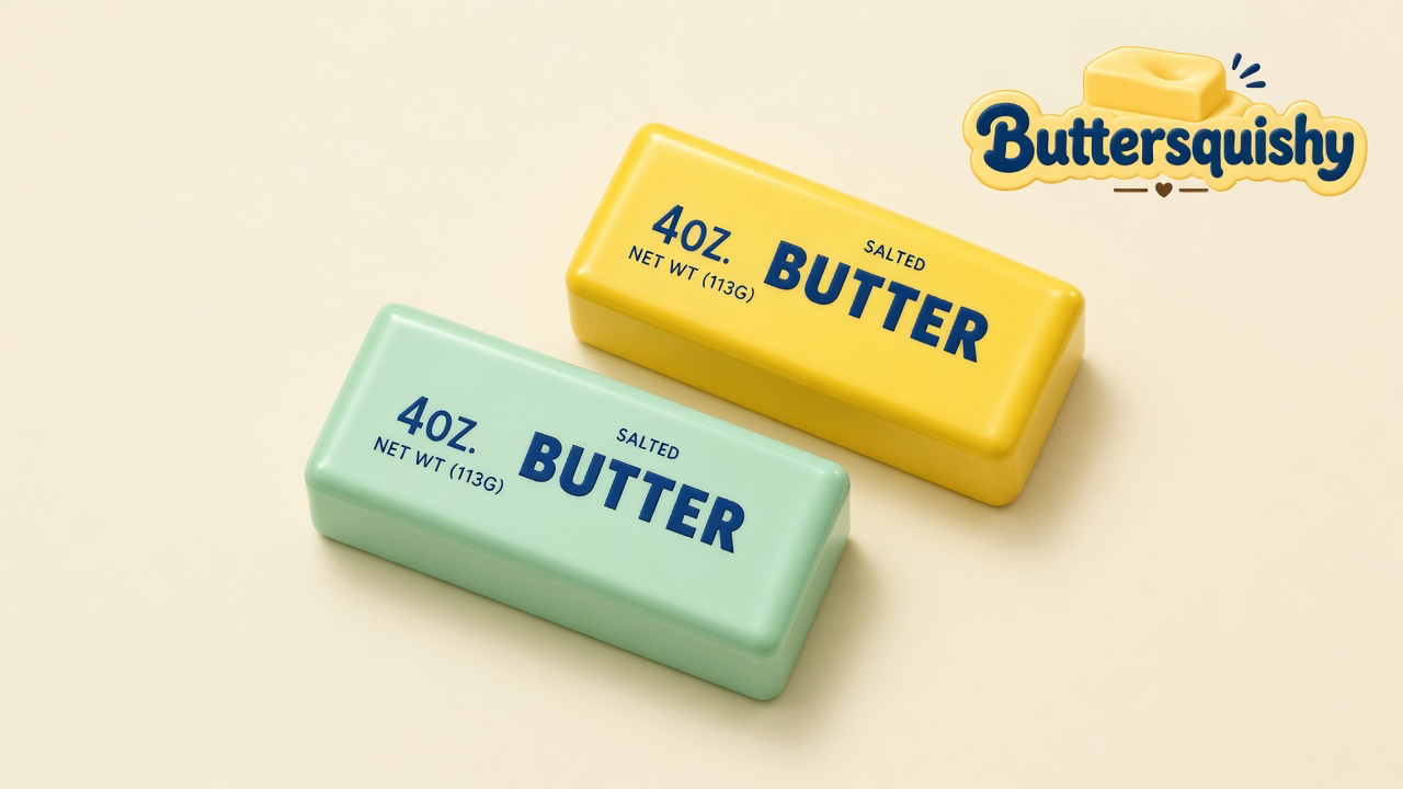 Pale mint-green and lemon-yellow salted-butter loaves printed 4OZ SALTED BUTTER on a light-yellow cream studio, Buttersquishy logo in the upper right