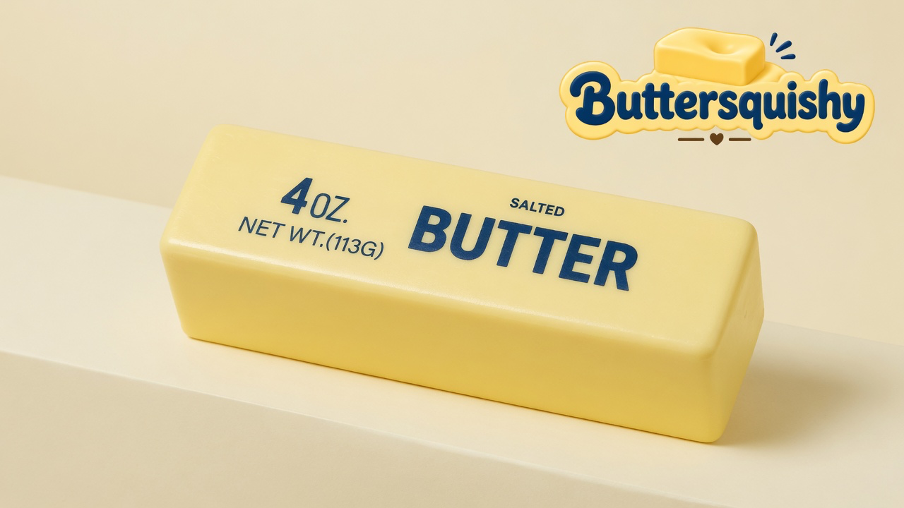 Pale yellow SALTED BUTTER stick on a light-yellow cream studio platform, Buttersquishy logo in the upper right