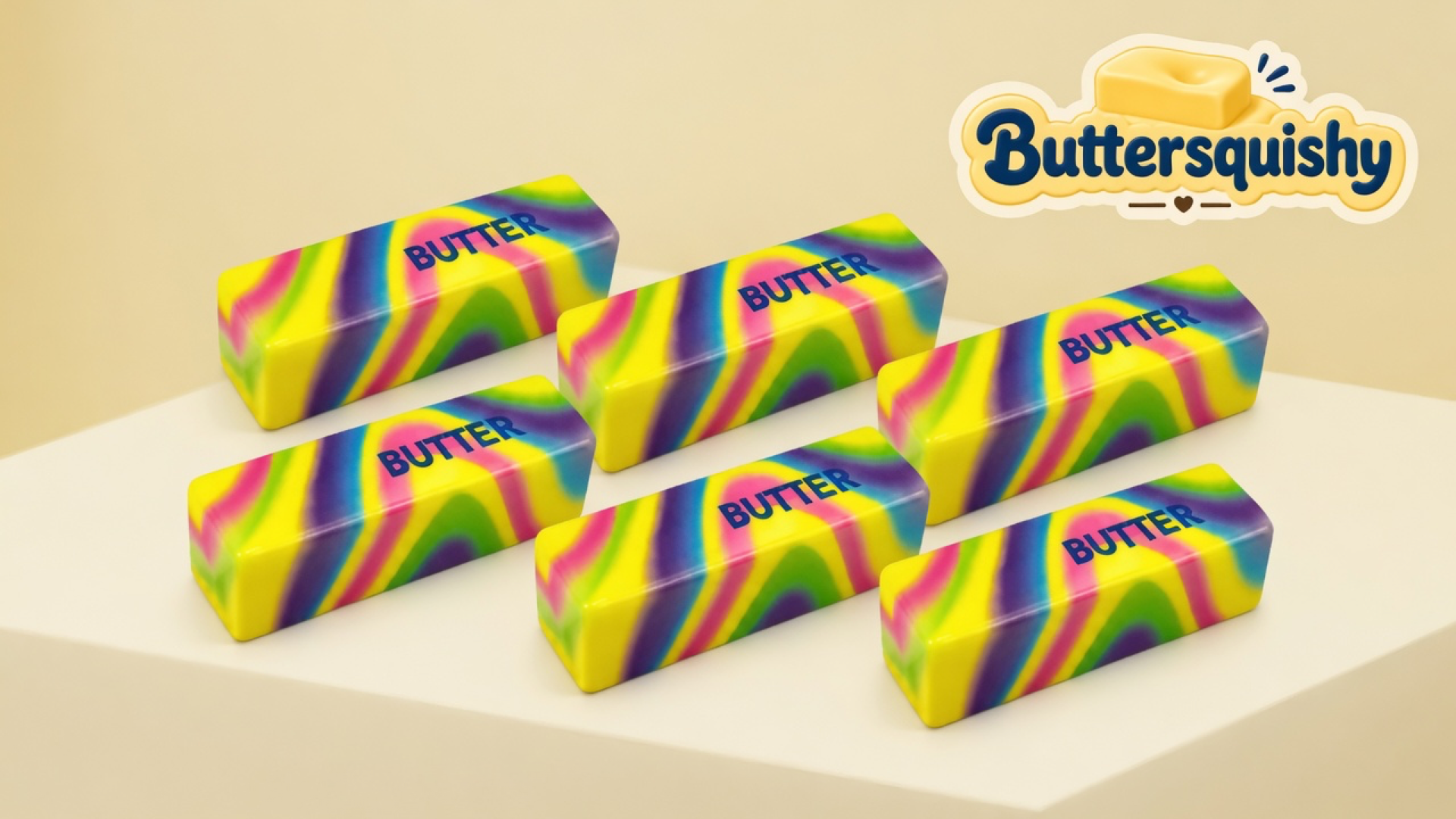 Six neon-yellow swirl butter sticks printed BUTTER on a light-yellow cream studio platform, Buttersquishy logo in the upper right