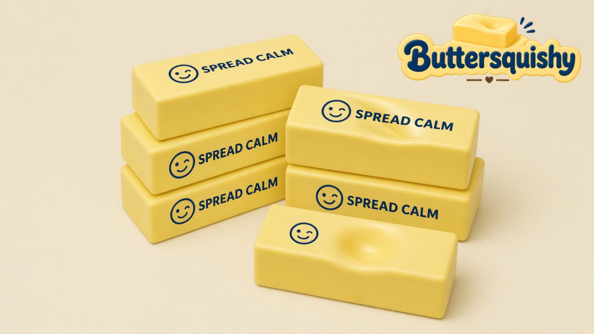Six pale-yellow Smile Cube butter loaves printed with a navy smiley and SPREAD CALM on a light-yellow cream studio surface, Buttersquishy logo in the upper right
