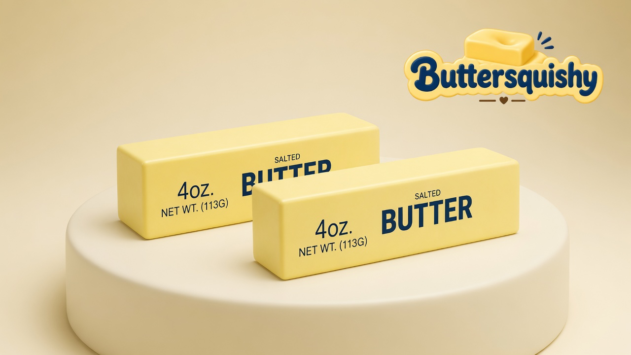 Two pale yellow Classic Butter Stick 4oz bars printed SALTED BUTTER and 4 OZ. NET WT. (113G) on a light-yellow cream studio platform, Buttersquishy logo in the upper right