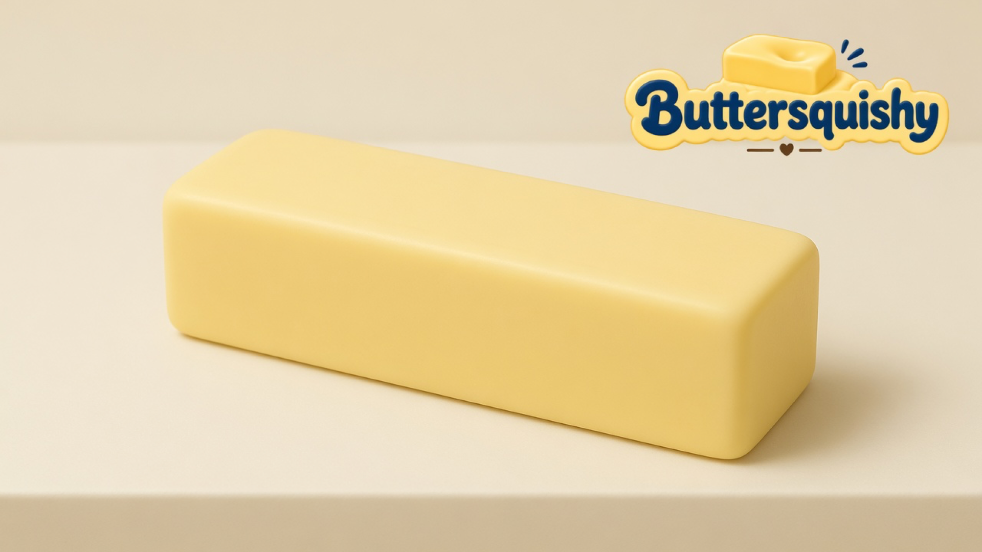 One pale yellow unprinted Classic Gift Butter stick on a light-yellow cream studio surface, Buttersquishy logo in the upper right