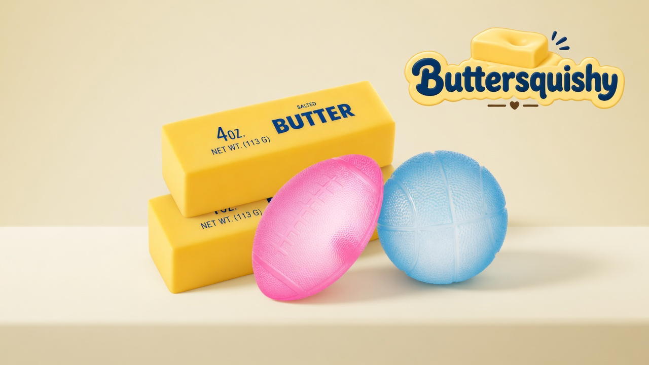 Two yellow SALTED BUTTER loaves, a pink football, and a blue basketball on a light-yellow cream studio platform, Buttersquishy logo in the upper right