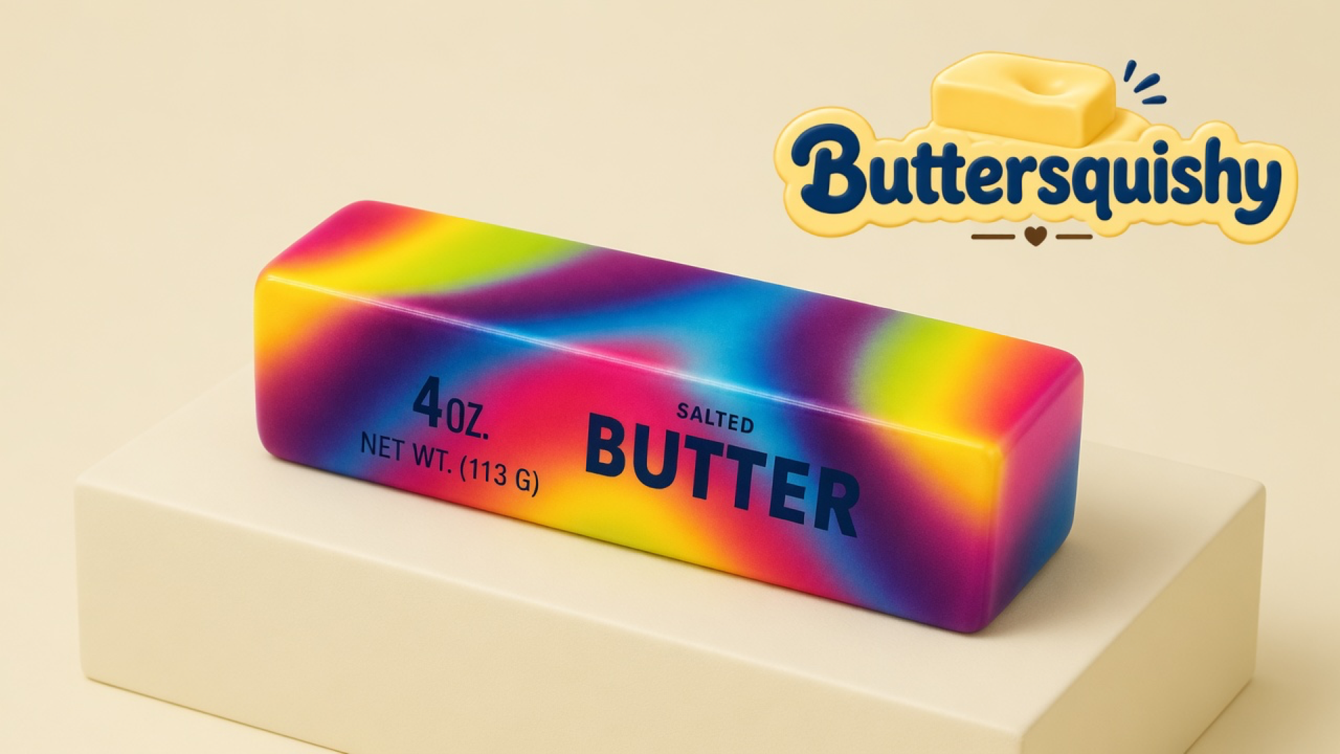 One rainbow Neon Swirl Butter stick printed SALTED BUTTER on a light-yellow cream studio platform, Buttersquishy logo in the upper right