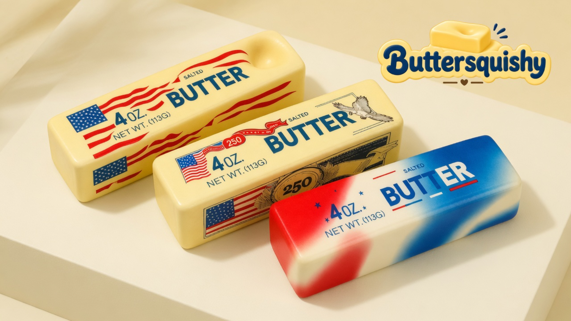 Three Stars and Stripes Butter sticks with flag, eagle, and red-white-blue swirl prints on a cream studio platform, Buttersquishy logo in the upper right