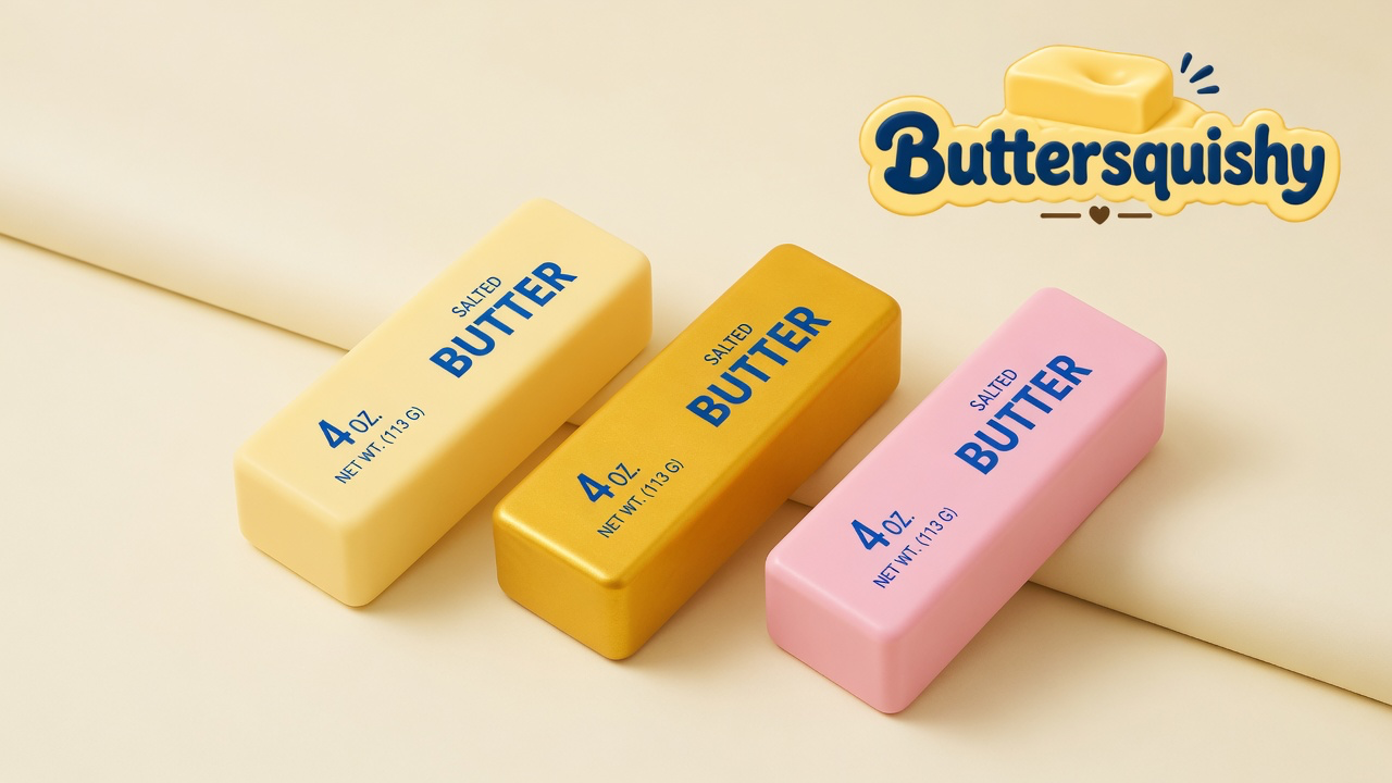 Three cream, gold, and pink butter-shaped squishy sticks with navy SALTED BUTTER print on a light-yellow cream studio surface, Buttersquishy logo in the upper right