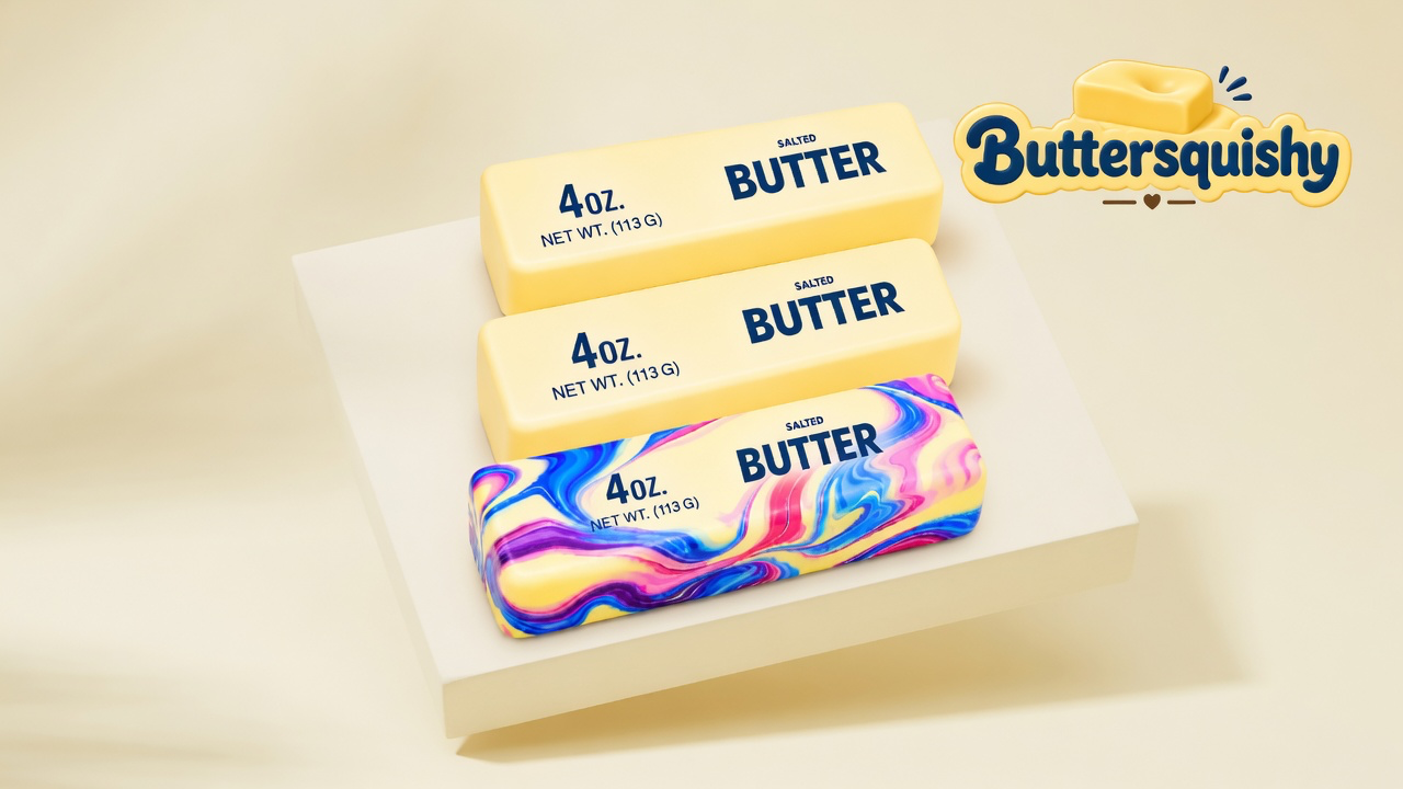 Two pale yellow butter-shaped squishy sticks and one pink-blue-purple marble swirl loaf on a light-yellow cream studio platform, Buttersquishy logo in the upper right
