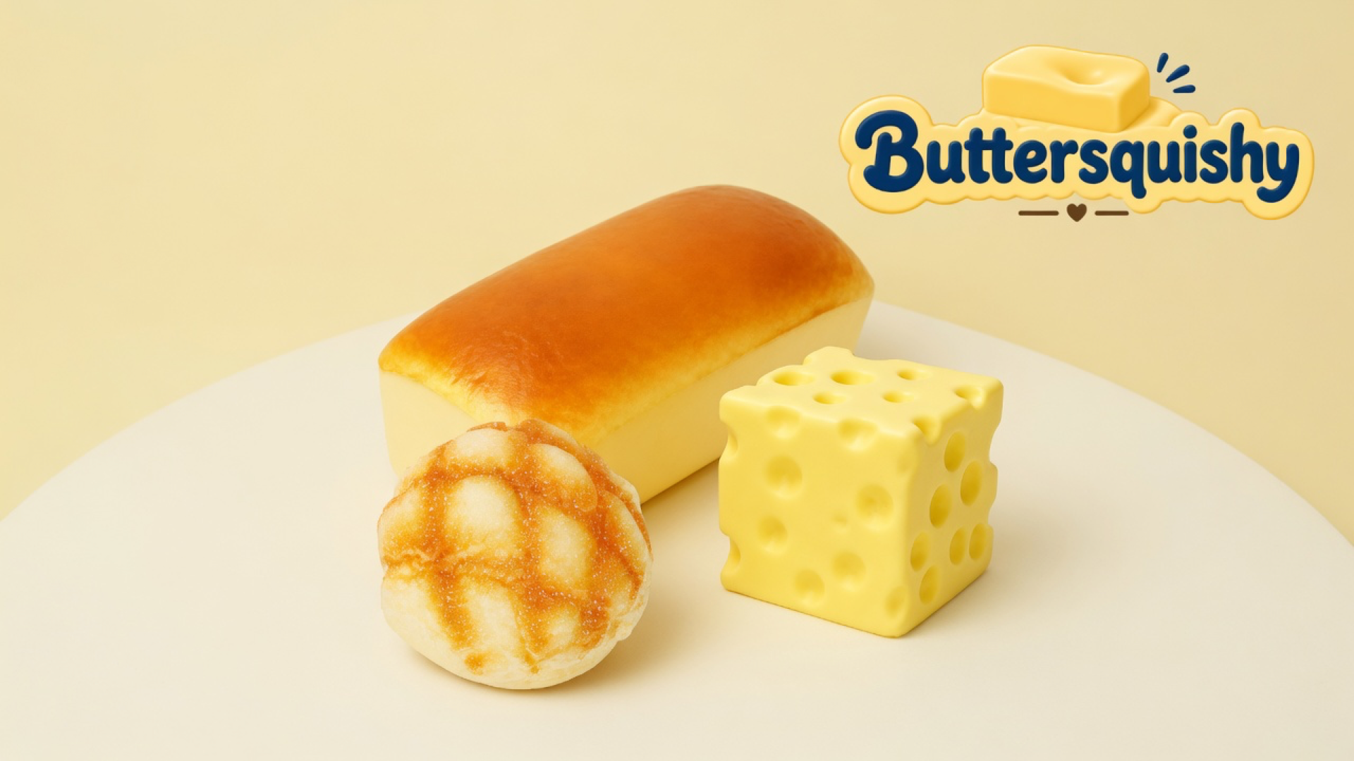 Three bakery-look press toys — a browned milk-bread loaf, a sugar-grid bun, and a yellow Swiss-hole cube — on a light-yellow cream studio, Buttersquishy logo in the upper right