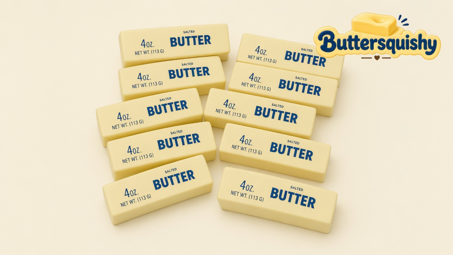 Ten pale yellow SALTED BUTTER stick toys on a light-yellow cream studio surface, Buttersquishy logo in the upper right