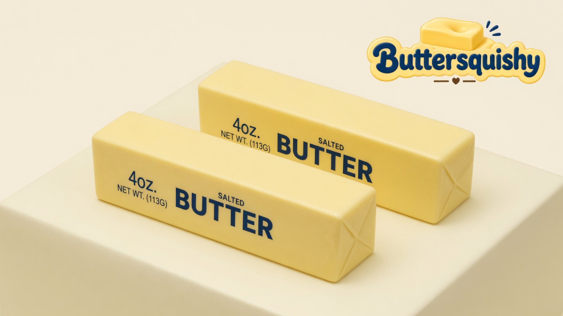 Two pale yellow SALTED BUTTER stick squishies on a light-yellow cream studio block, Buttersquishy logo in the upper right
