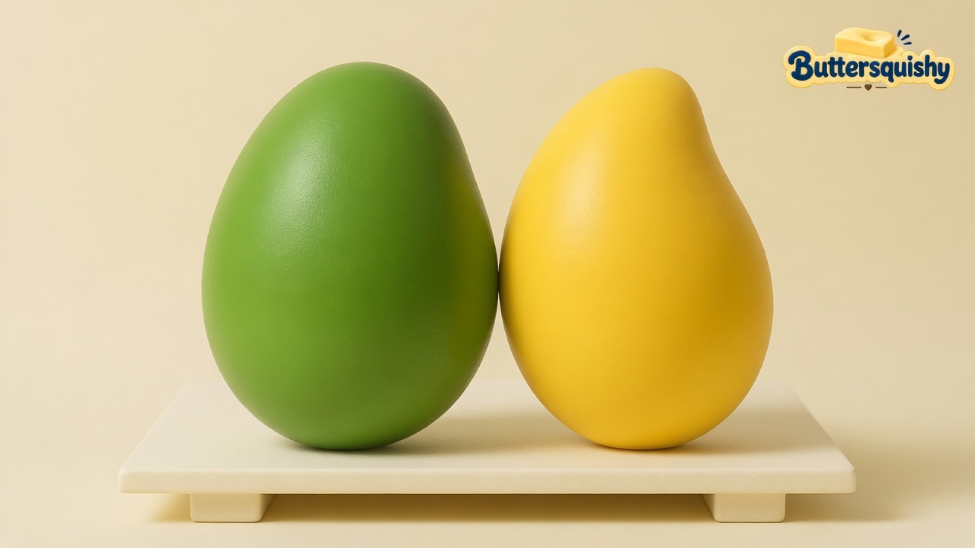 Green mango-shaped squishy and yellow mango-shaped squishy on a light-yellow cream studio tray, Buttersquishy logo in the upper right