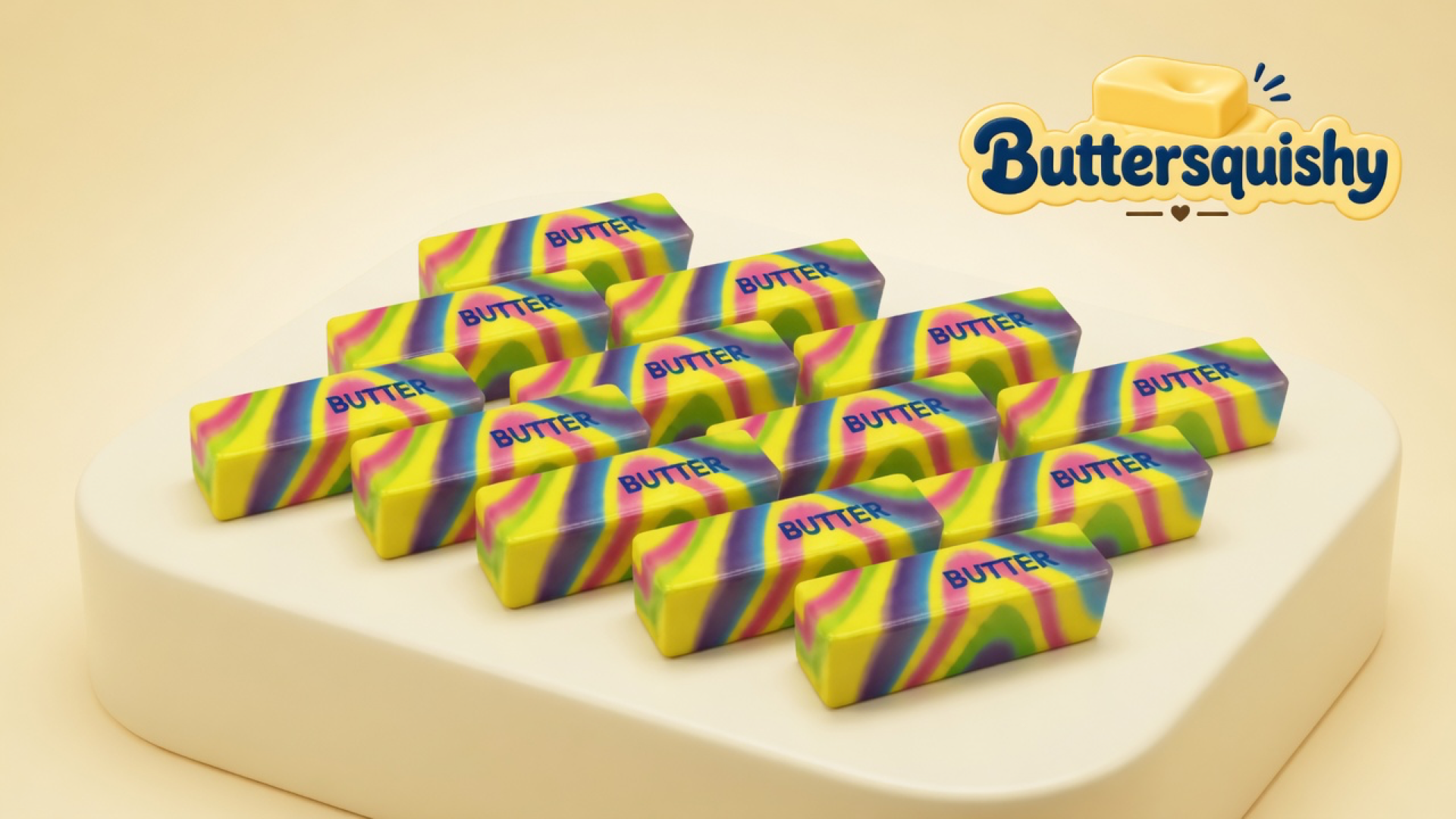 Twelve neon-swirl butter sticks with navy BUTTER type on a light-yellow cream studio platform, Buttersquishy logo upper right