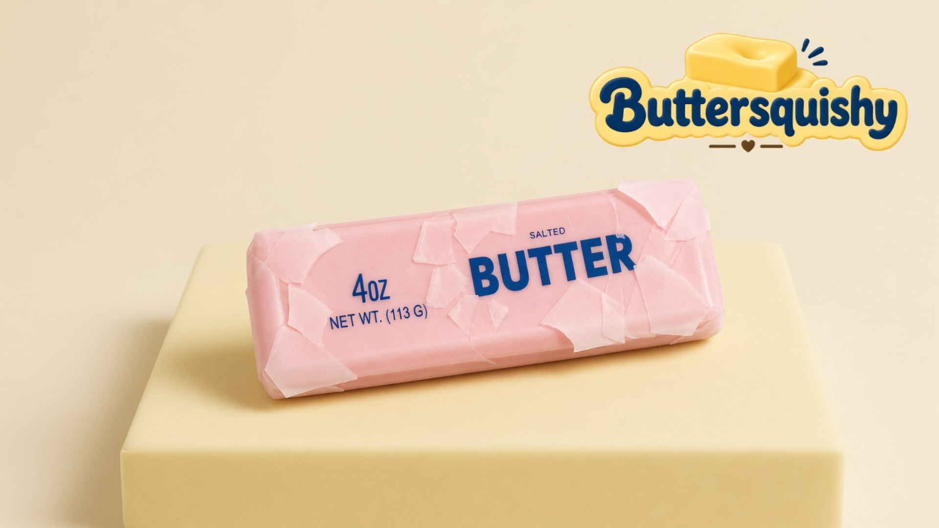 One pale-pink SALTED BUTTER stick with crinkled wrapper flakes on a light-yellow cream studio block, Buttersquishy logo in the upper right