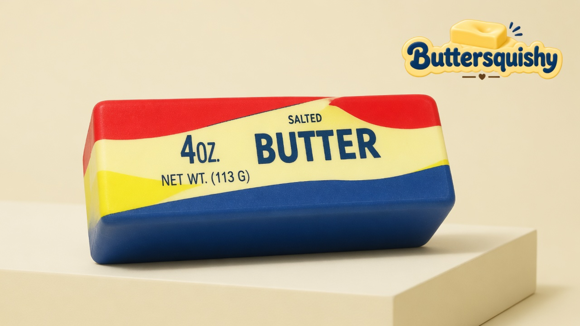 One Rainbow Stripe Butter stick with red, yellow, and blue bands on a light-yellow cream studio platform, Buttersquishy logo in the upper right