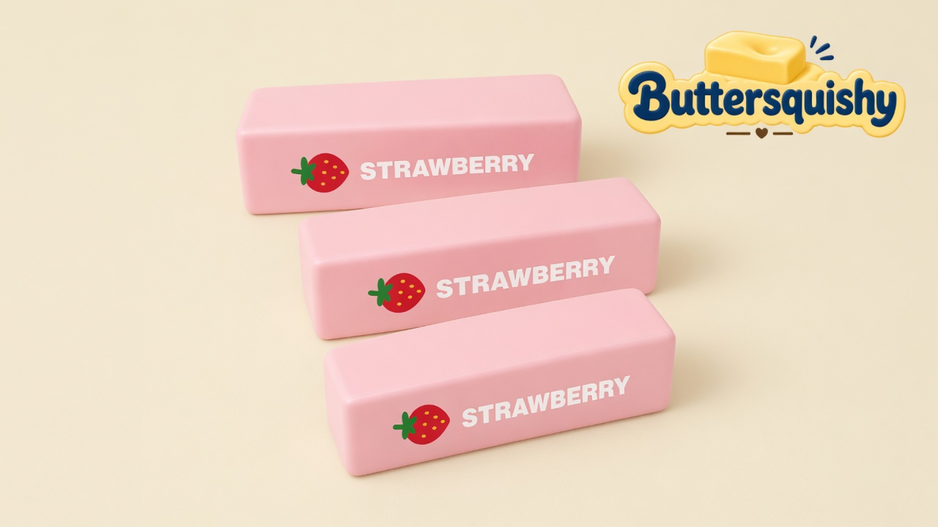Three pale-pink STRAWBERRY butter-stick squishies on a light-yellow cream studio surface, Buttersquishy logo in the upper right
