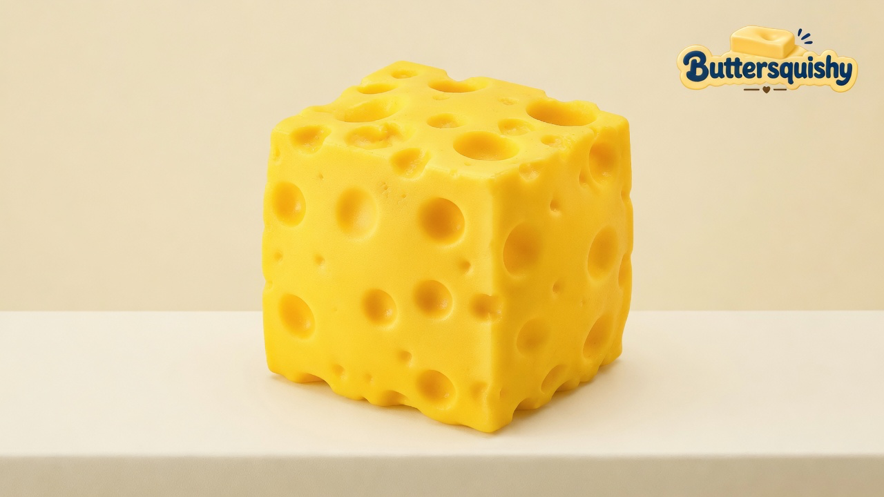 One cheddar-yellow Swiss-hole cube on a light-yellow cream studio surface, Buttersquishy logo in the upper right