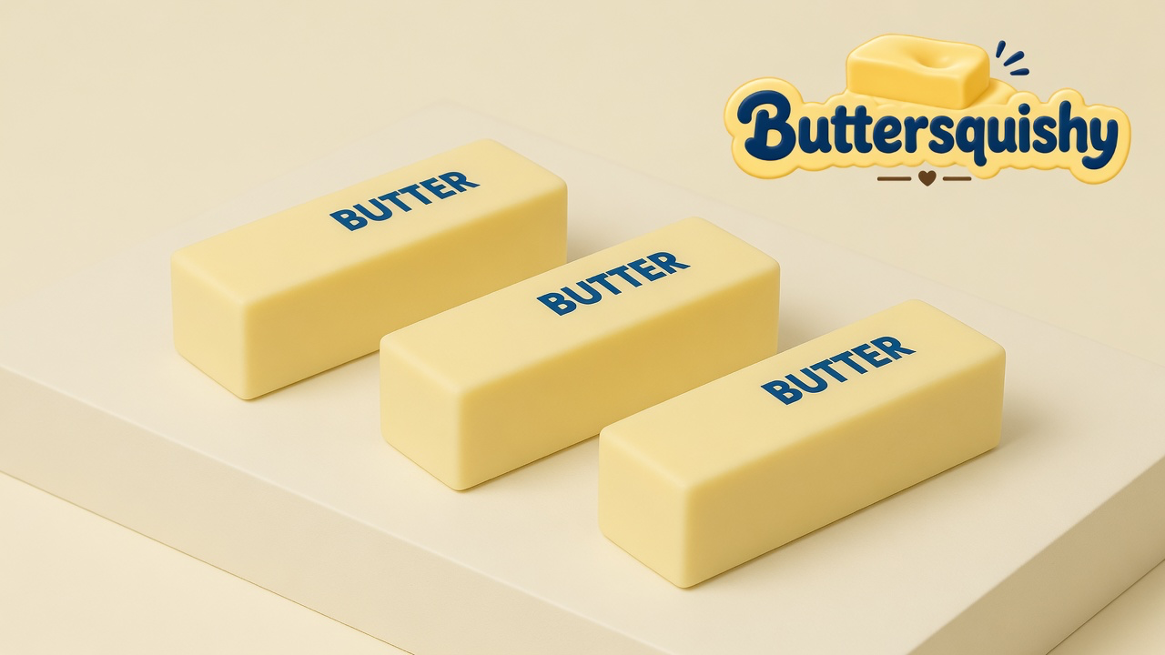Three pale yellow butter-stick loaves printed BUTTER on a light-yellow cream studio platform, Buttersquishy logo in the upper right