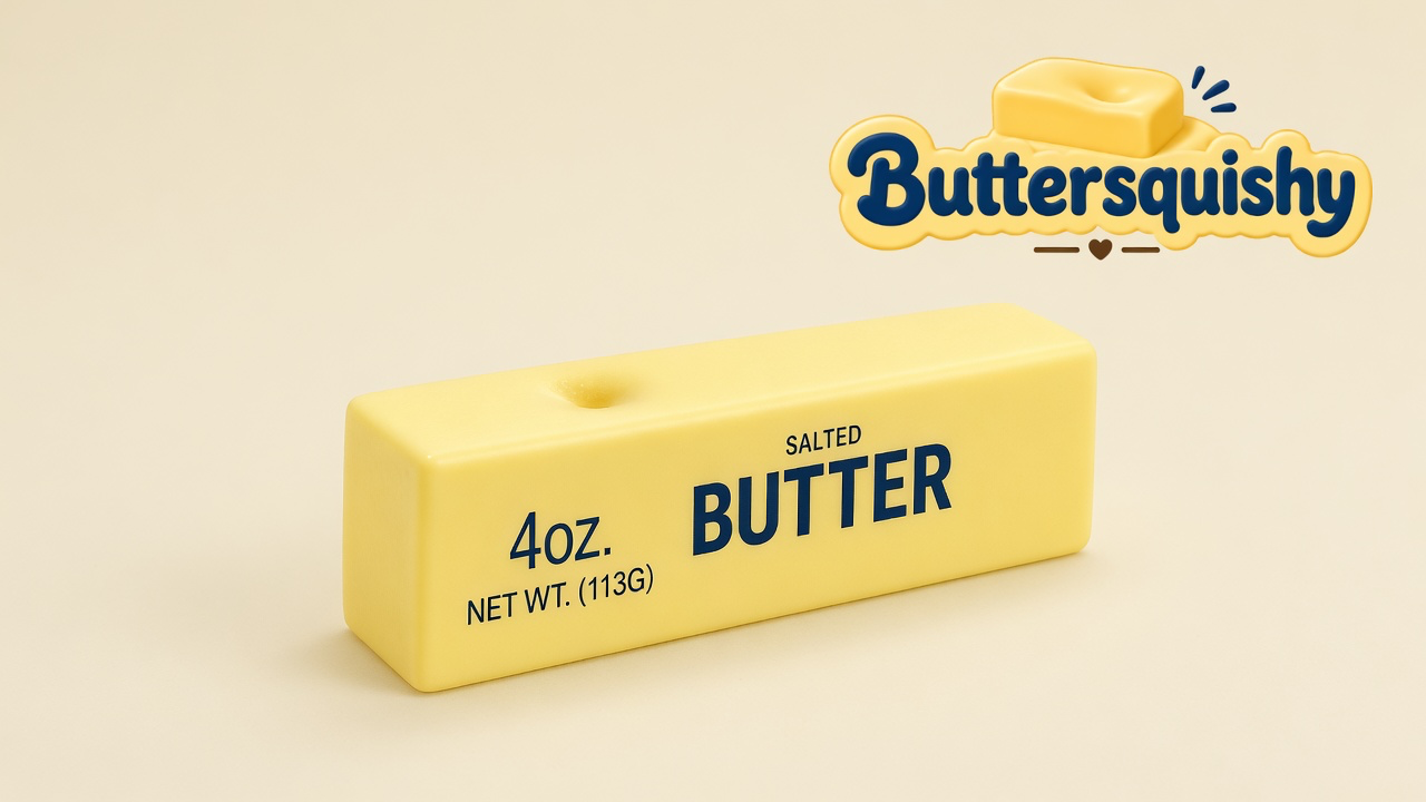 Pale yellow salted-butter stick squishy with a thumb dent and navy 4oz print on a light-yellow cream studio surface, Buttersquishy logo in the upper right