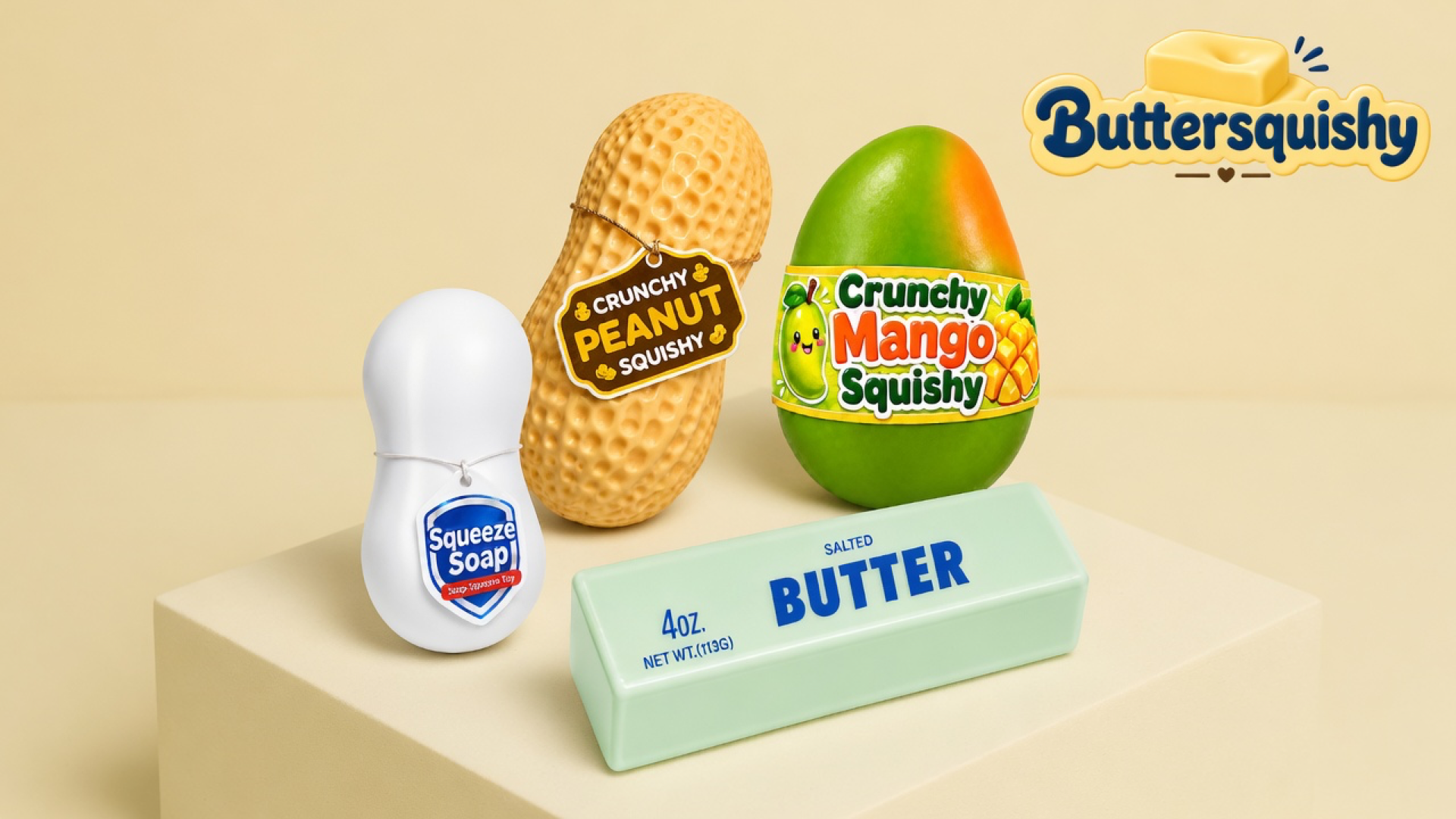 Mint salted-butter loaf, ridged peanut, green-orange mango, and white squeeze-soap toy on a light-yellow cream studio platform, Buttersquishy logo in the upper right