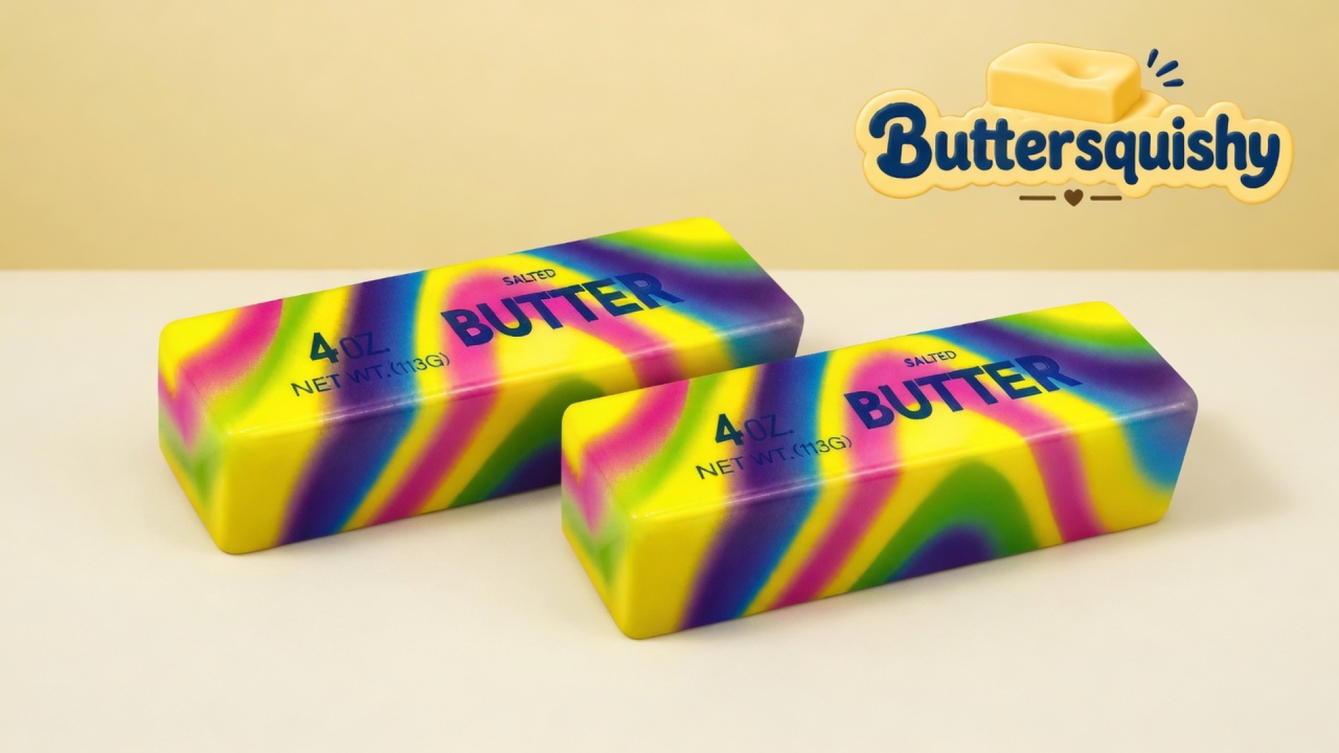 Two matching neon-swirl butter sticks printed SALTED BUTTER, laid side by side on a light-yellow cream studio surface, Buttersquishy logo in the upper right