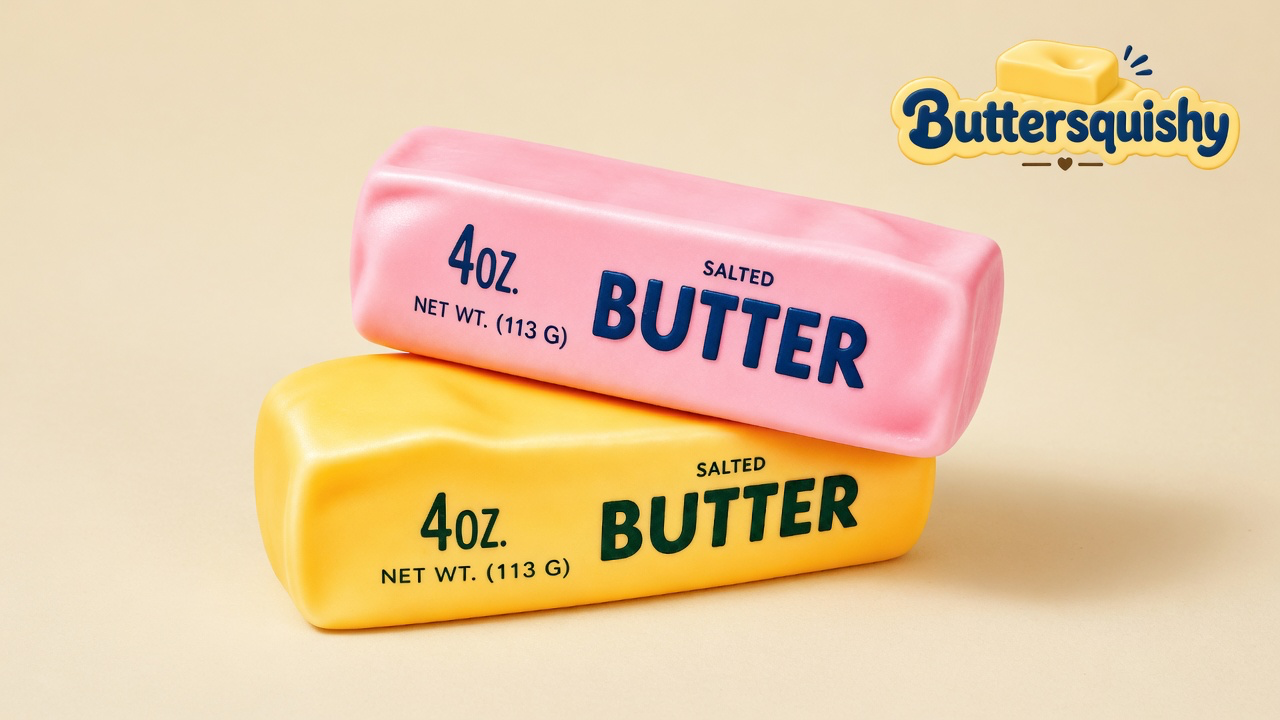 Candy-pink loaf stacked on a yellow-orange loaf, both printed SALTED BUTTER, on a light-yellow cream studio surface with the Buttersquishy logo in the upper right