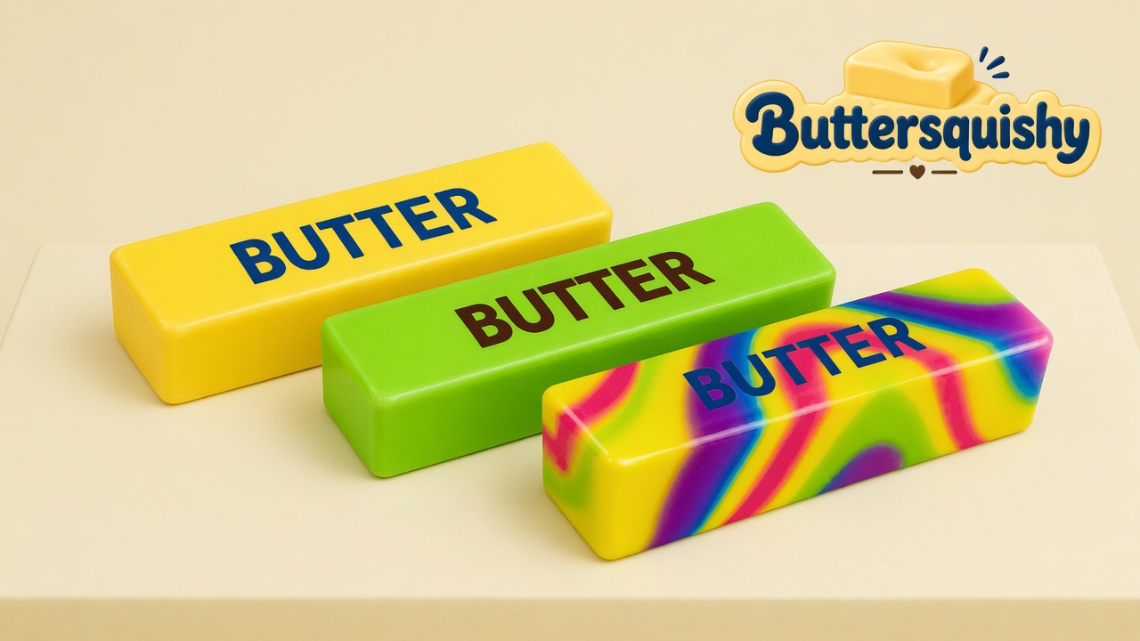 Yellow, lime, and rainbow-swirl butter sticks printed BUTTER on a light-yellow cream studio platform, Buttersquishy logo in the upper right