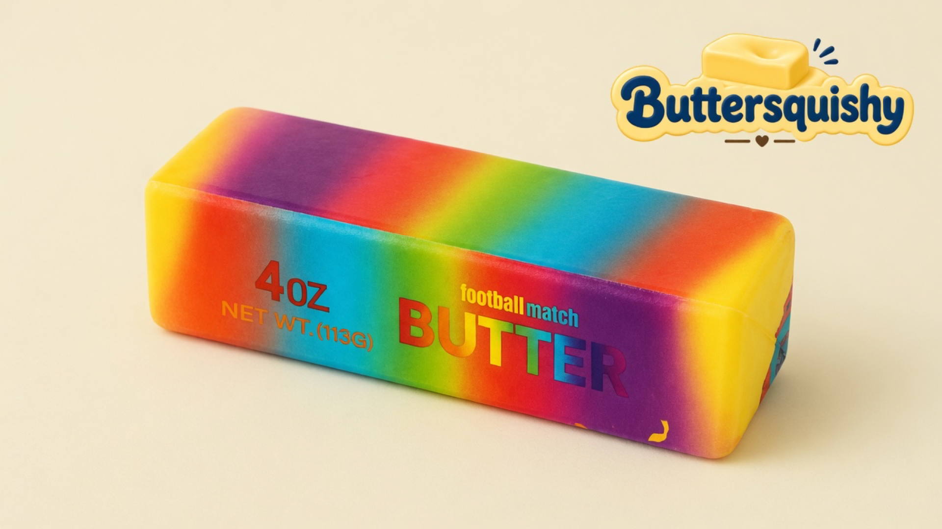 One rainbow candy-gradient butter-stick squishy printed 4OZ and BUTTER on a light-yellow cream studio surface, Buttersquishy logo in the upper right