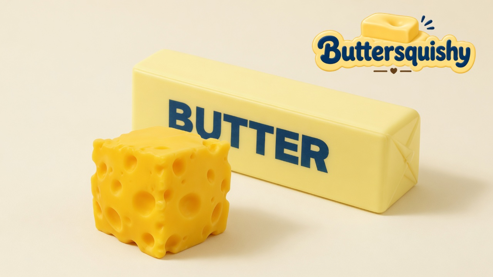 Pale yellow BUTTER stick and cheddar-hole cheese cube on a light-yellow cream studio, Buttersquishy logo in the upper right