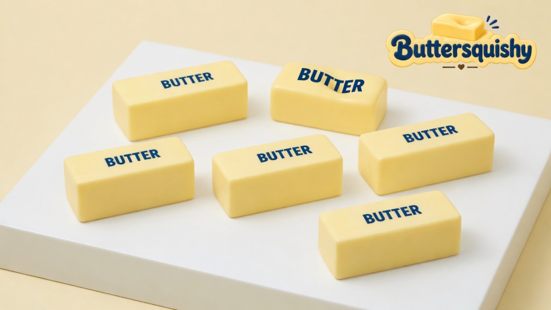 Six pale-yellow Classic Butter Stick 4oz loaves printed navy BUTTER on a cream studio platform, Buttersquishy logo upper right