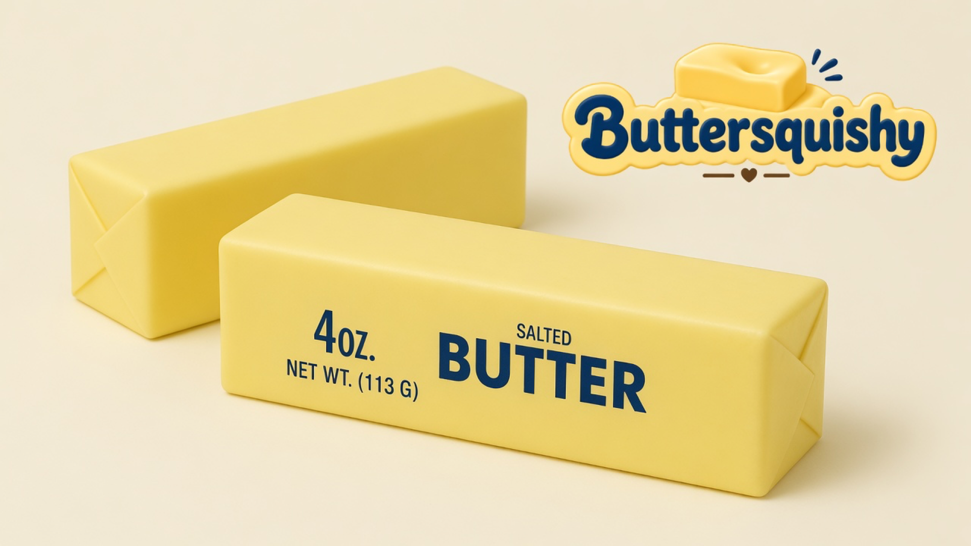 Two pale yellow salted-butter stick squishies on a cream studio surface, one facing the camera, Buttersquishy logo in the upper right