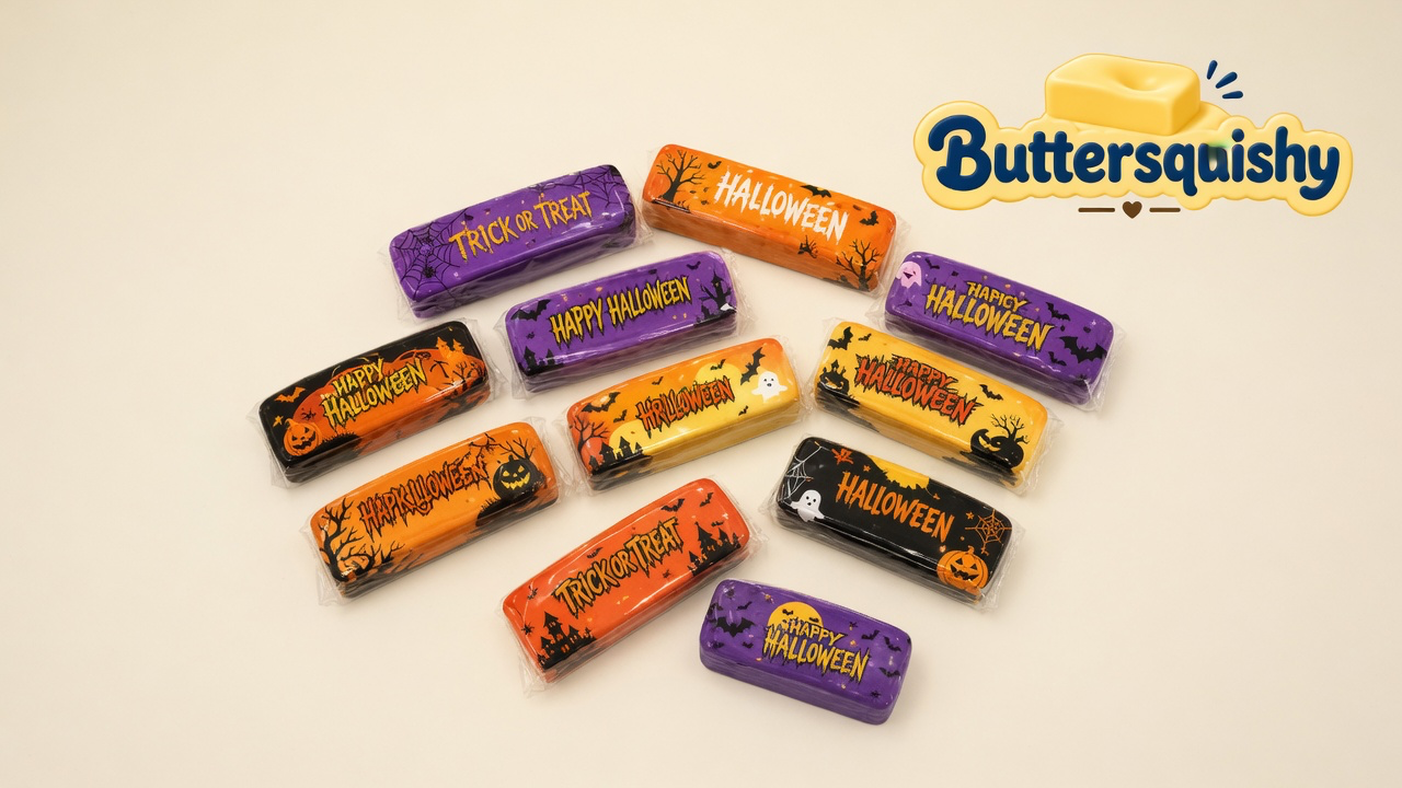 Twelve wrapped Halloween Ghost Butter sticks on a cream studio surface with the Buttersquishy logo in the upper right