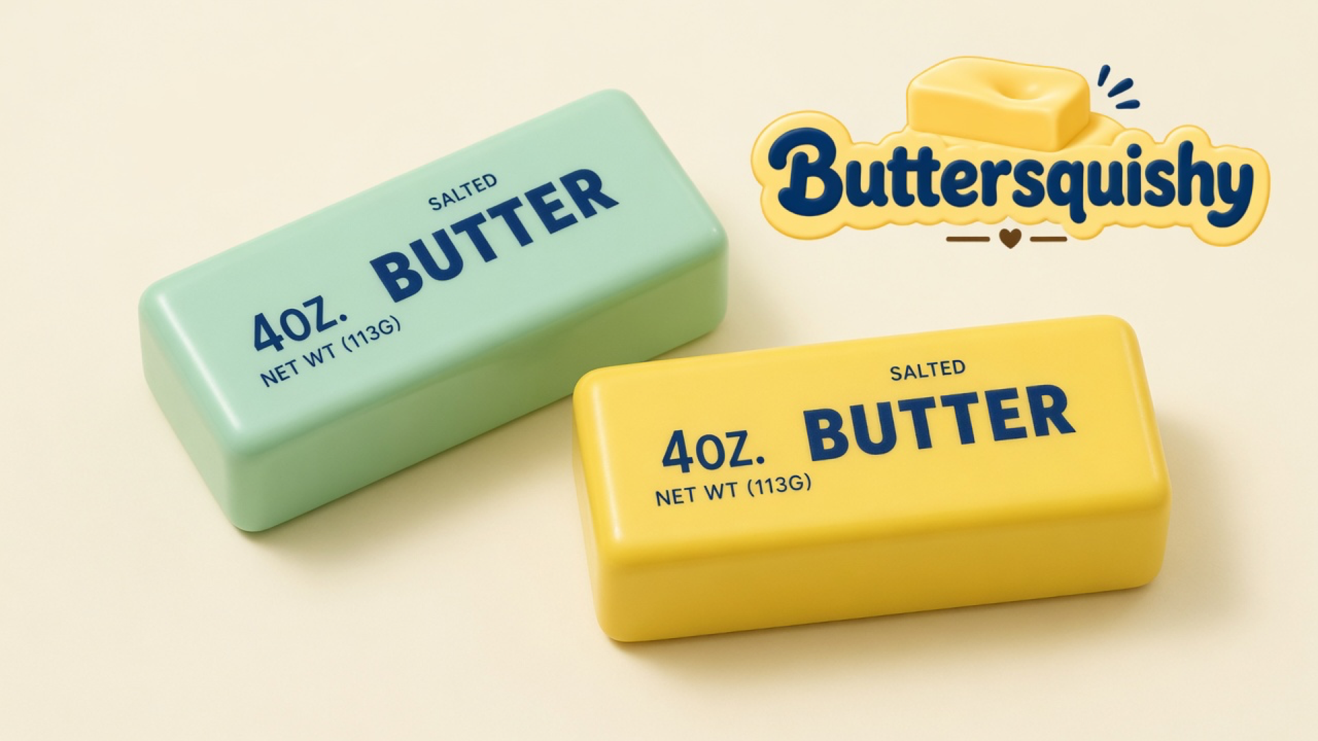 Pale mint-green and lemon-yellow butter-shaped loaves printed SALTED BUTTER on a light-yellow cream studio, Buttersquishy logo in the upper right