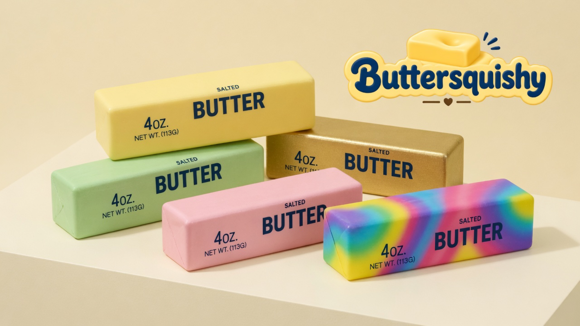 Five Mixed Butter Pack grocery-print loaves — pale yellow, mint, gold, pink, and rainbow swirl — on a light-yellow cream studio block, Buttersquishy logo in the upper right