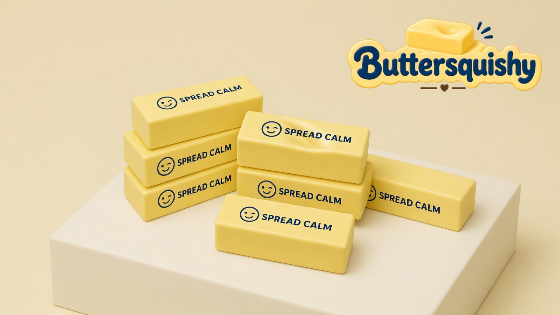 Six pale-yellow Smile Cube Butter sticks printed with a navy smile and SPREAD CALM on a light-yellow cream studio block, Buttersquishy logo in the upper right