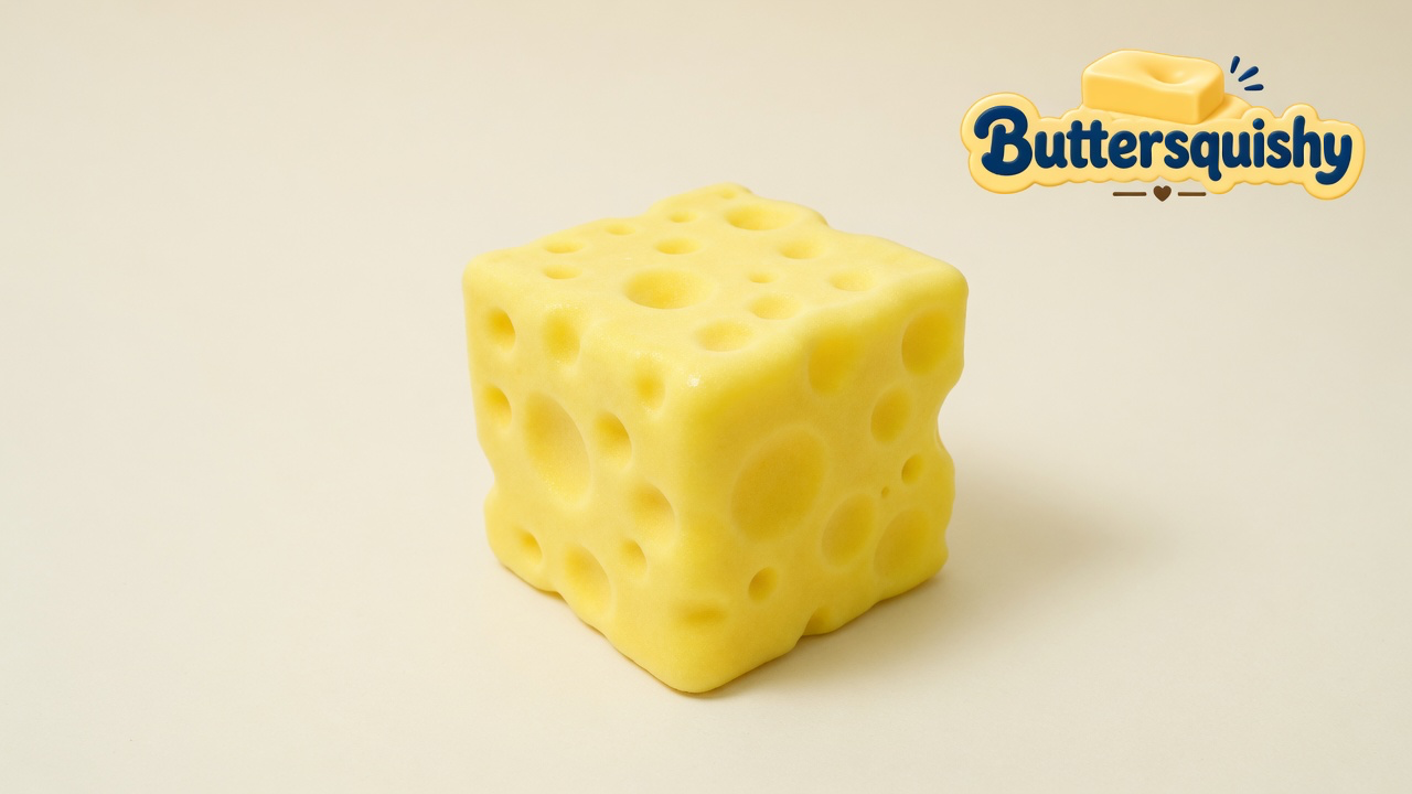 Yellow Swiss-hole Cheese Cube Loaf on a light-yellow cream studio surface, Buttersquishy logo in the upper right