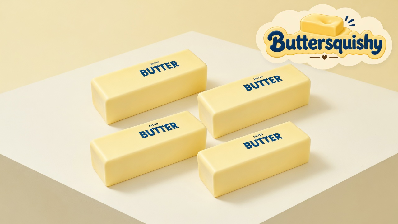 Four pale yellow Classic Butter Stick loaves printed SALTED BUTTER on a light-yellow cream studio surface, Buttersquishy logo in the upper right