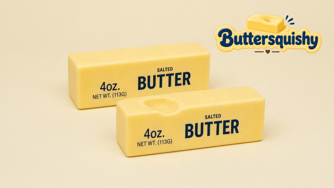 Two pale yellow Classic Gift Butter sticks printed 4oz NET WT and SALTED BUTTER on a light-yellow cream studio surface, Buttersquishy logo in the upper right