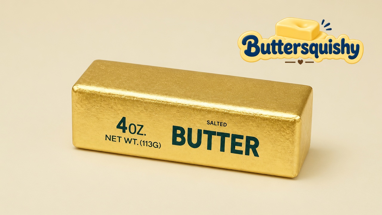 One gold-foil Golden Butter Stick printed 4OZ. NET WT.(113G) SALTED BUTTER on a light-yellow cream studio surface, Buttersquishy logo in the upper right
