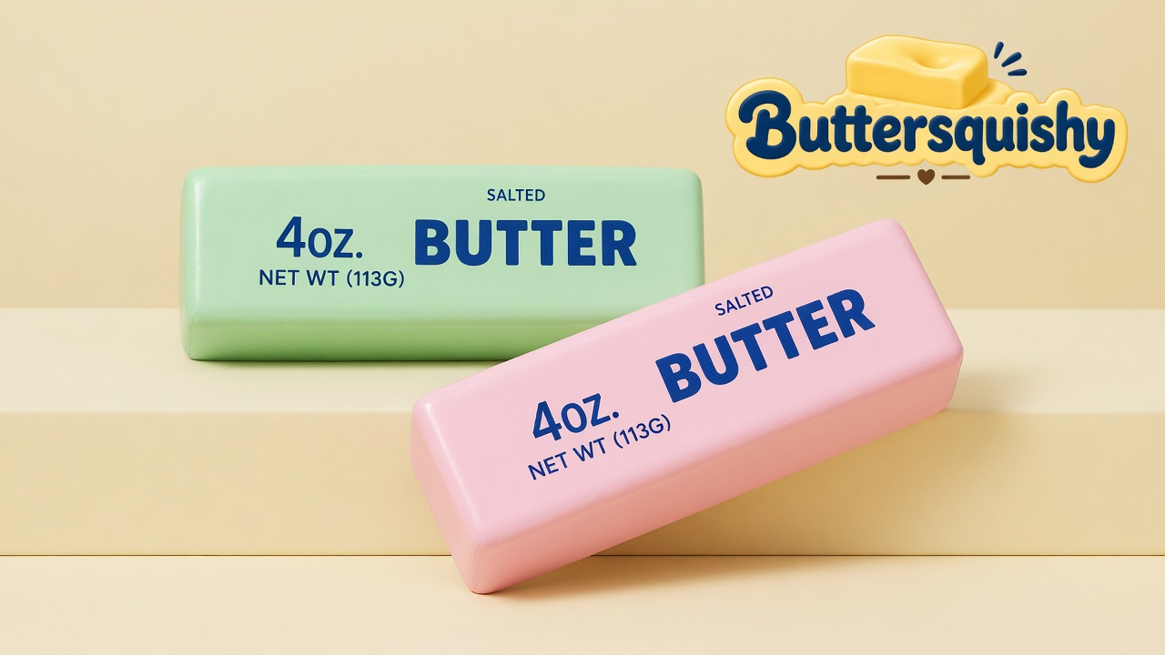 Pale mint-green and candy-pink Mint Berry Crunch Butter sticks printed 4OZ SALTED BUTTER on a light-yellow cream studio surface, Buttersquishy logo in the upper right
