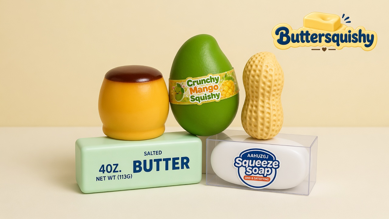 Five Mixed Butter Pack toys — caramel pudding cup, green Crunchy Mango Squishy, dimpled peanut, mint-green SALTED BUTTER loaf, and boxed white Squeeze Soap — on a light-yellow cream studio surface, Buttersquishy logo in the upper right