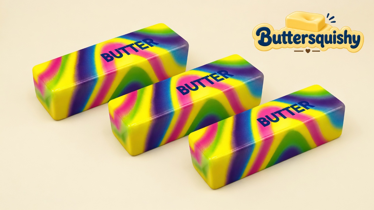 Three neon-swirl butter loaves printed BUTTER on a light-yellow cream studio surface, Buttersquishy logo in the upper right